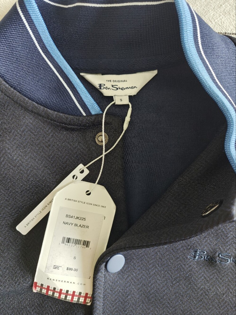 Ben Sherman Navy Bomber Jacket with Light Blue Trim Sz Small - Picture 3 of 4